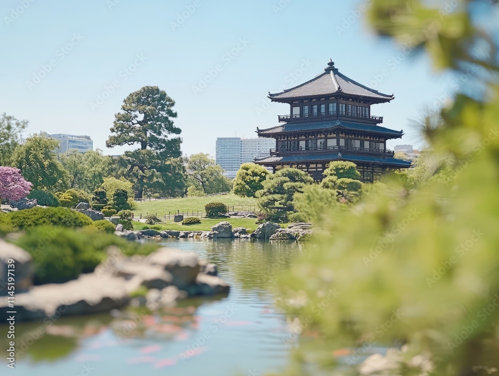 Tranquil garden scene featuring a traditional pagoda by a serene pond. Tranquil garden scene featuring a traditional pagoda by a serene pond.