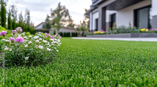 Lush artificial turf lawn with flowers and modern house background.