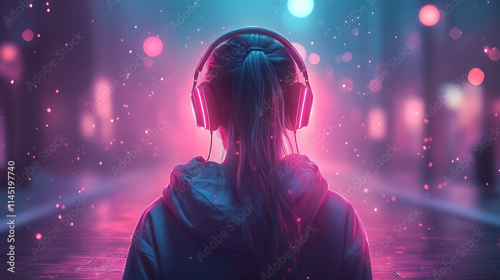 Glowing glitch photo effect on a person wearing headphones with neon light flickers around them Glowing glitch photo effect on a person wearing headphones with neon light flickers around them