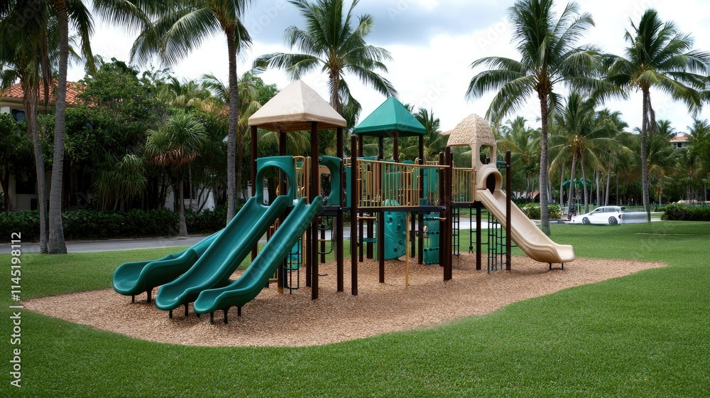 A colorful playground set featuring vibrant yellow slides and a climbing frame stands on a lush green lawn in a sunny park, inviting children to play and explore A colorful playground set featuring vibrant yellow slides and a climbing frame stands on a lush green lawn in a sunny park, inviting children to play and explore