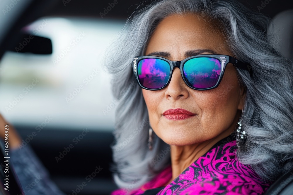 Stylish mature woman with gray hair and sunglasses in a car Stylish mature woman with gray hair and sunglasses in a car