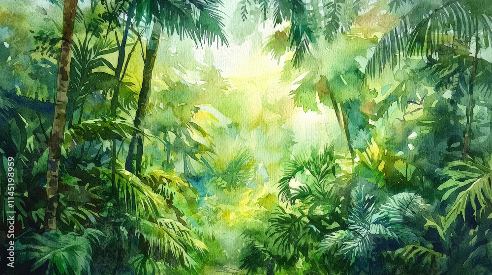 Vibrant tropical rainforest scene with lush greenery and soft light Vibrant tropical rainforest scene with lush greenery and soft light
