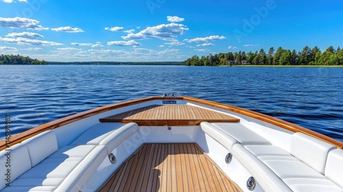 The interior of a boat features a polished steering wheel and comfortable seating, surrounded by serene blue water reflecting sunlight on a clear day.
