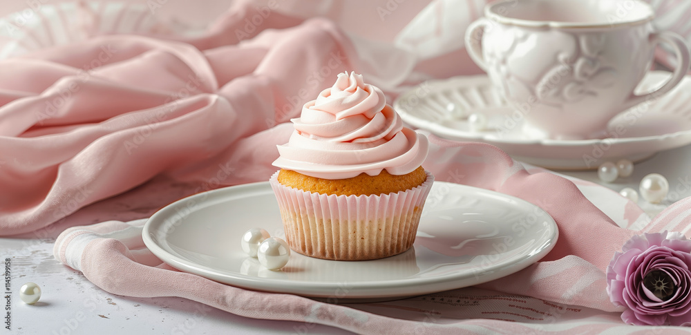 A cupcake sitting on a white plate next to a cup of tea A cupcake sitting on a white plate next to a cup of tea