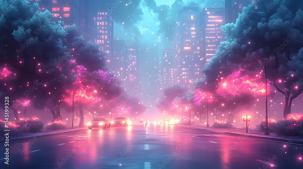 Obraz premium Glowing glitch photo effect on a neon-lit street with digital static creating a distorted atmosphere