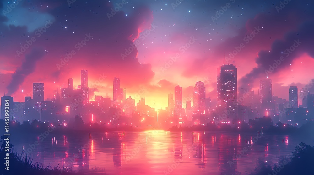 Obraz premium Glowing glitch effect on an abstract city skyline with vibrant neon lights distorting the scene