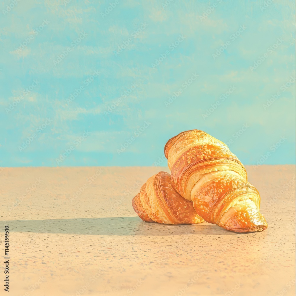 Two golden croissants resting on a light surface with a blue background. Two golden croissants resting on a light surface with a blue background.