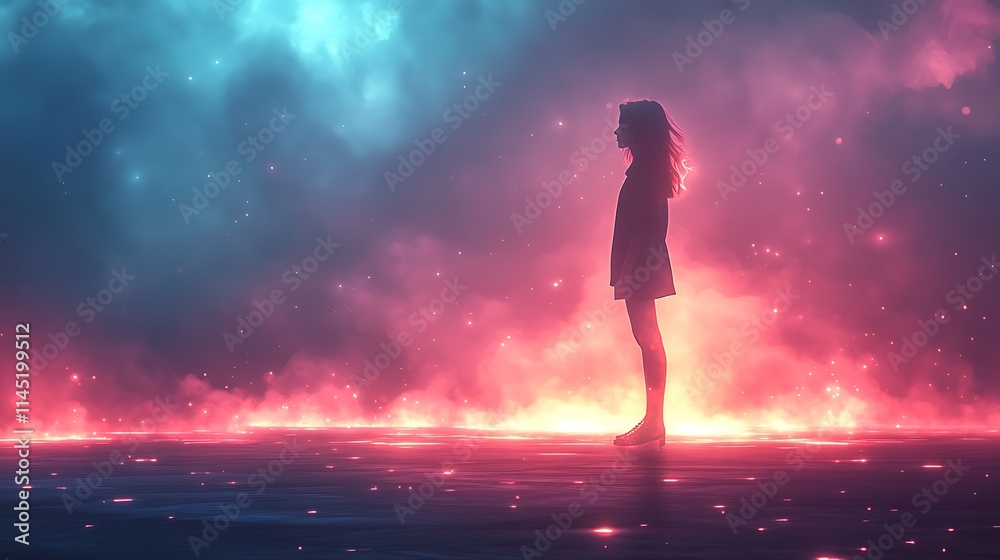 Naklejka premium Glowing glitch effect on a person standing in front of a digital screen with neon light streaks around them