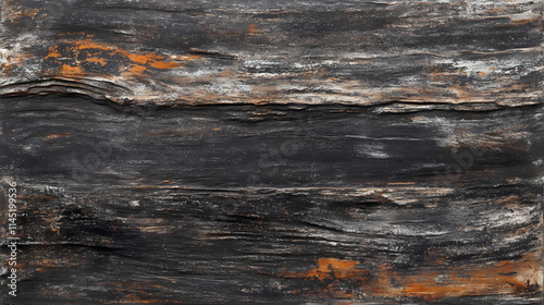 Weathered wooden planks exhibit a mesmerizing texture, featuring a rich dark patina and prominent wood grain, evoking a sense of aged elegance and rustic sophistication. Lichenous. Illustration photo