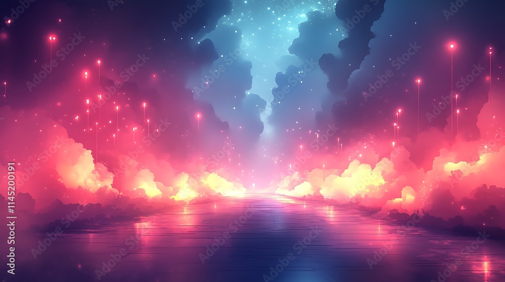 Glowing glitch effect on an abstract digital painting with vibrant neon flickers