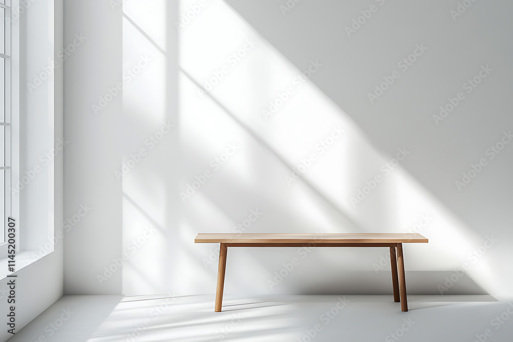 Minimalist wooden bench in sunlit room Minimalist wooden bench in sunlit room