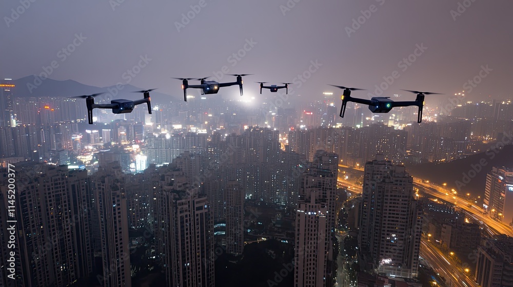 An army of drones battles in the dark sky, firing laser beams at one another while hovering over a foggy city landscape at night An army of drones battles in the dark sky, firing laser beams at one another while hovering over a foggy city landscape at night