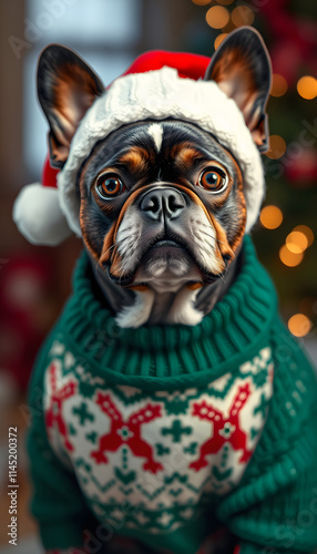 Christmas Boston Terrier in Hat and Sweater, 8k  photorealism. isolated with white highlights