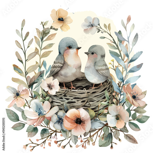 A watercolor drawing of baby birds in a nest surrounded by flowers, isolated on a white background. Baby birds nest vector.
