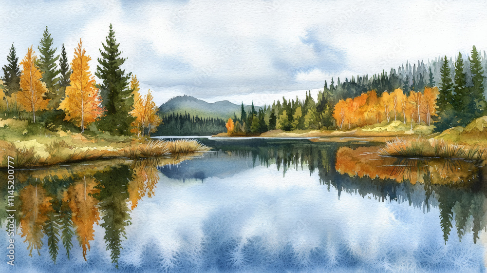 Obraz premium serene autumn forest reflecting in calm lake, showcasing vibrant colors