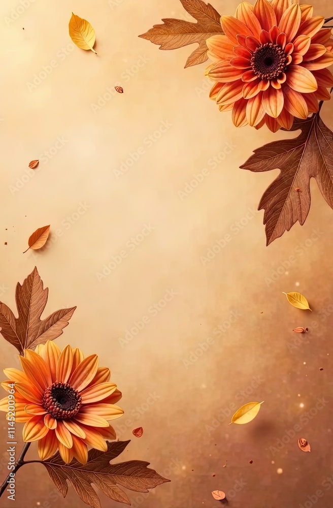 Vibrant orange gerbera flowers with detailed brown and yellow autumn leaves arranged on a textured gradient beige background, symbolizing a cozy fall atmosphere
