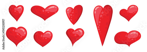 Set of different voluminous hearts. Red heart icons. Vector silhouettes of hearts of different shapes for websites, cards, design, Valentine's day.