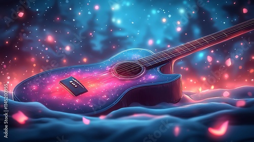 Glowing glitch effect on a close up of a guitar with neon light flickers around the strings