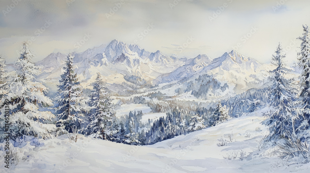serene watercolor painting of snowy mountain landscape with pine trees serene watercolor painting of snowy mountain landscape with pine trees