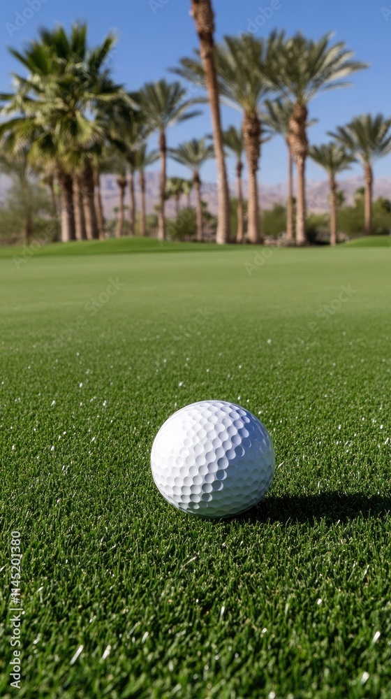 Fototapeta premium A golf ball sits on lush green grass, surrounded by palm trees and distant mountains under a clear blue sky during daylight. A serene atmosphere enhances the golfing experience