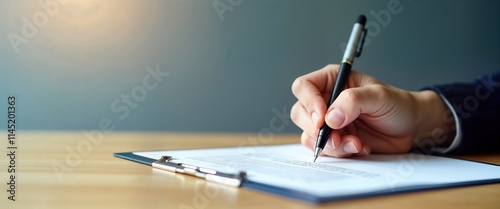 Person signs legal document. Hand holds pen, signs trust documents. Legal paperwork on clipboard. Estate planning in progress. Lawyer client actively involved. Preparation for asset transfer photo