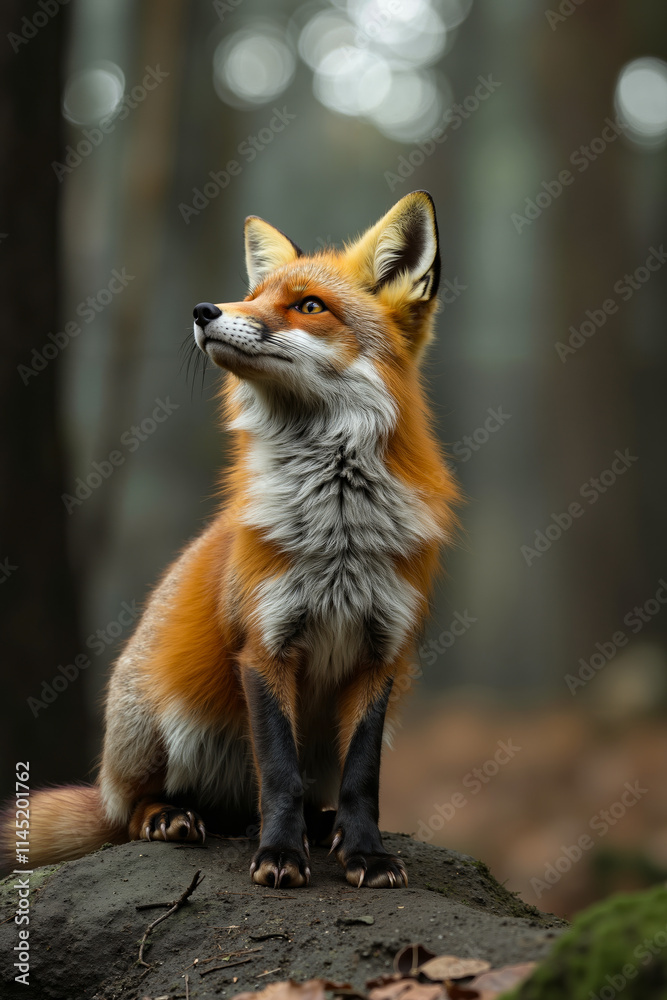 Obraz premium A red fox sitting on a rock in the woods