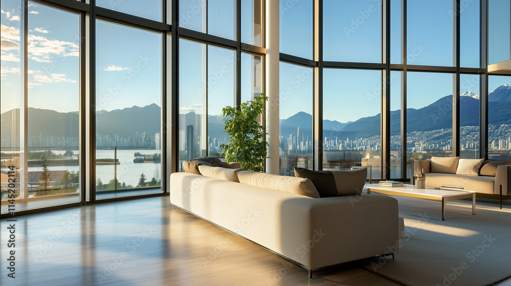 Modern living room with panoramic views of mountains and waterfront in a contemporary setting during sunset Modern living room with panoramic views of mountains and waterfront in a contemporary setting during sunset