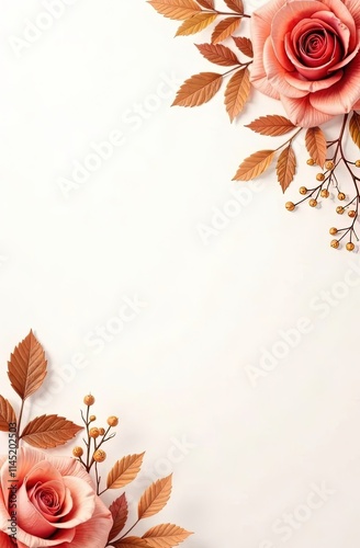 Elegant coral roses and golden leaves arranged in a corner composition on a clean white background, creating a sophisticated and harmonious floral design with warm tones