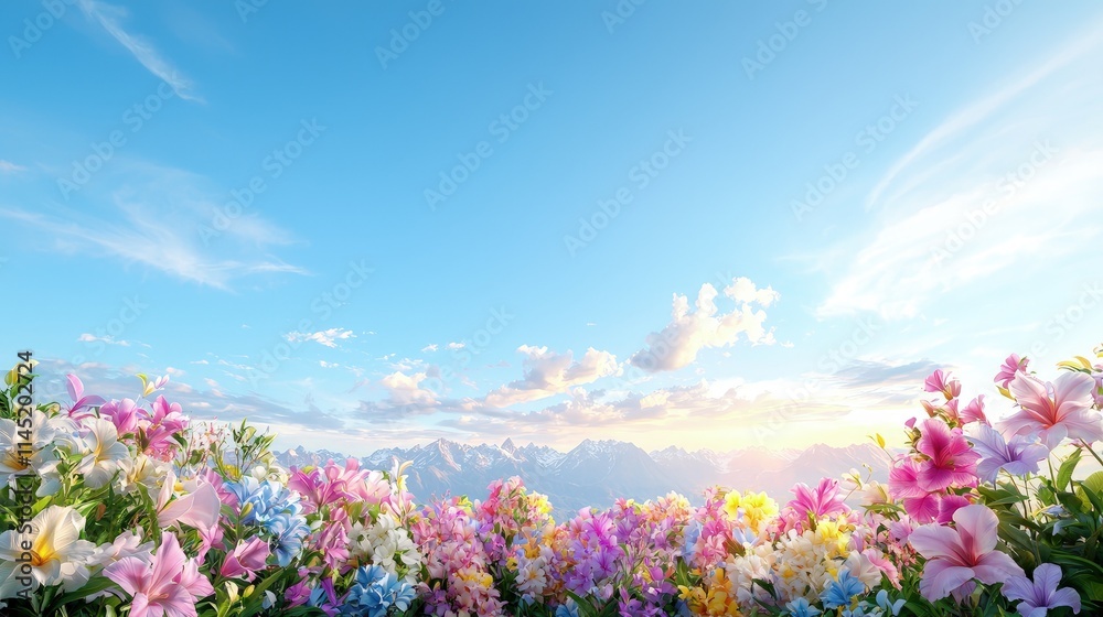 Vibrant wildflowers bloom beneath a sunny sky and majestic mountains. Vibrant wildflowers bloom beneath a sunny sky and majestic mountains.