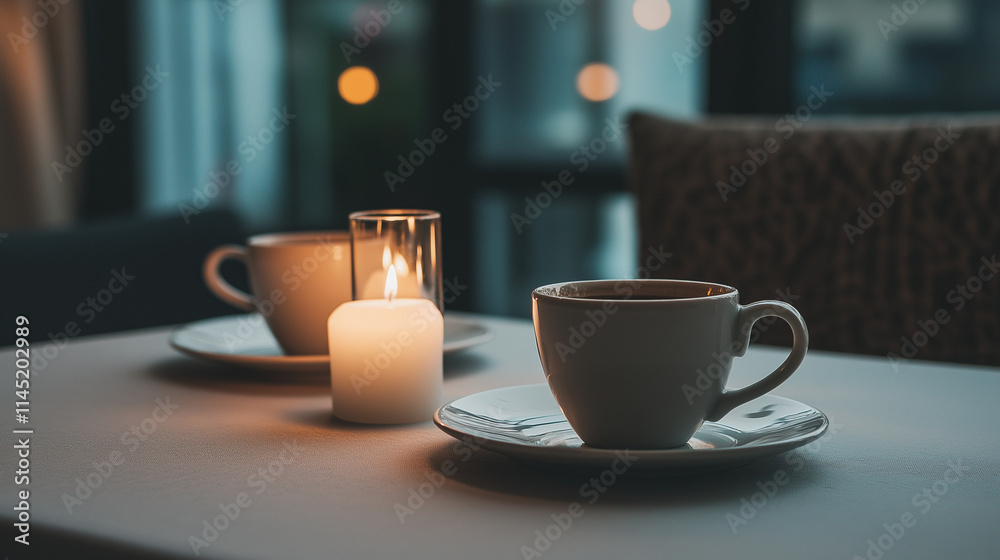 Obraz premium Romantische Kaffeestunde mit Kerzenlicht und sanfter Beleuchtung