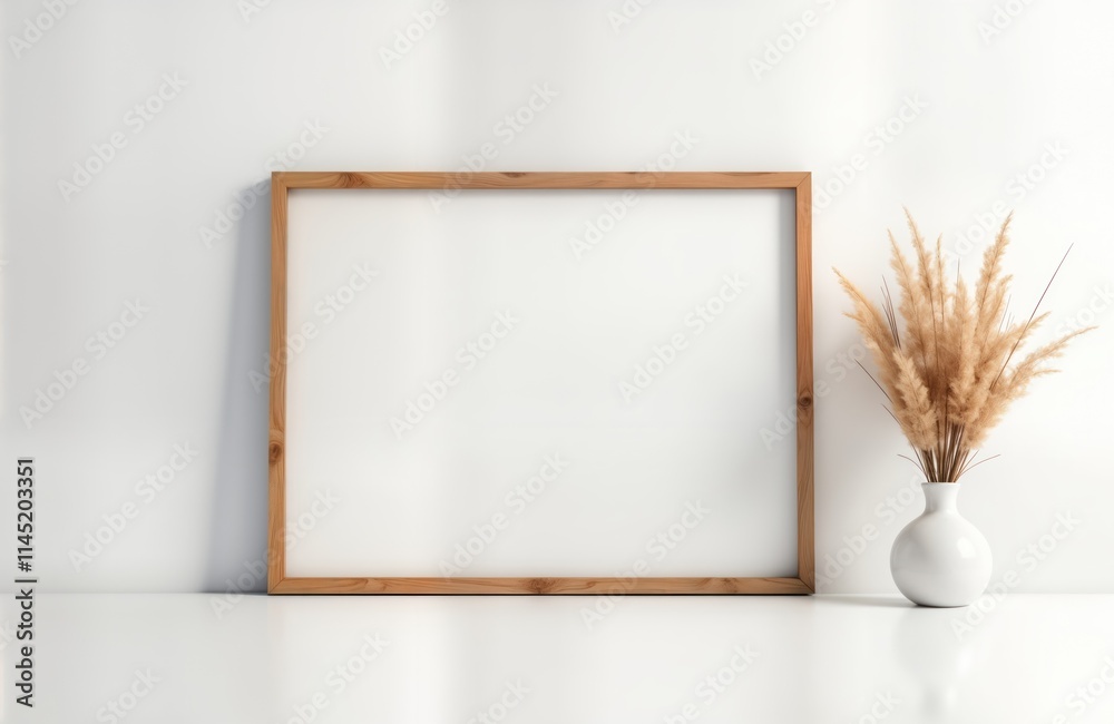Empty wooden frame mockup on white wall. Natural decorative dried flowers in white vase next to frame. Modern interior design. Perfect for presenting artwork photos. Blank space for design. Home Empty wooden frame mockup on white wall. Natural decorative dried flowers in white vase next to frame. Modern interior design. Perfect for presenting artwork photos. Blank space for design. Home