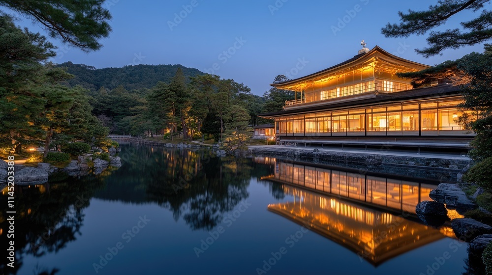 Naklejka premium A traditional Japanese pavilion stands gracefully by a calm pond, illuminated by soft lights. Lush trees and serene waters create a peaceful evening atmosphere in this scenic location