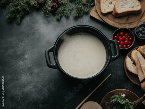 Herzhafte Suppe in stilvollem Topf mit frischem Brot und Salat

 photo