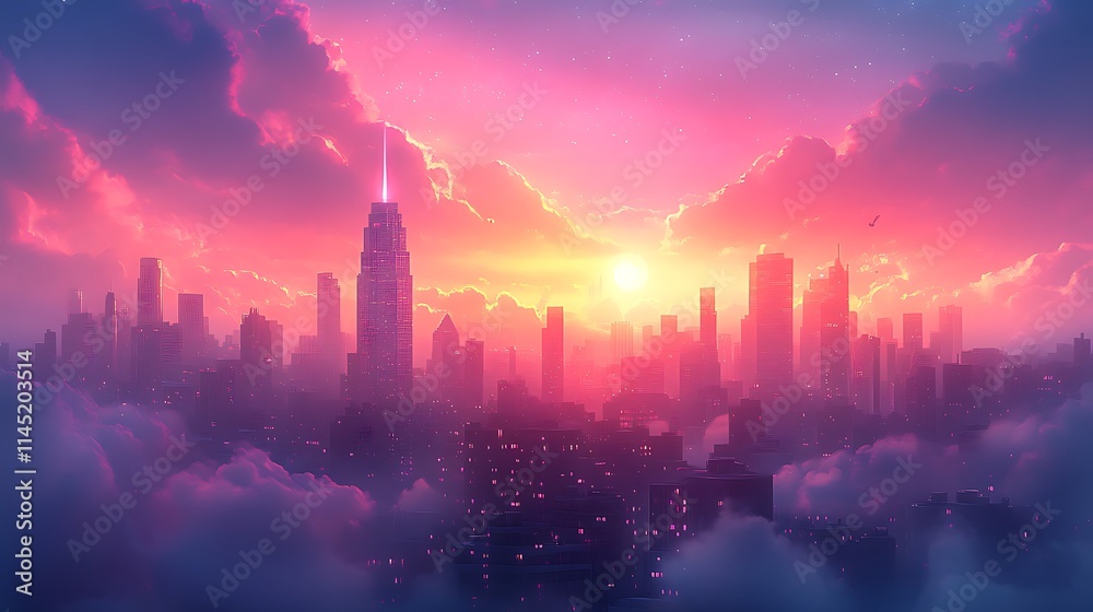 Glowing glitch photo effect with neon light streaks distorting a cityscape skyline Glowing glitch photo effect with neon light streaks distorting a cityscape skyline