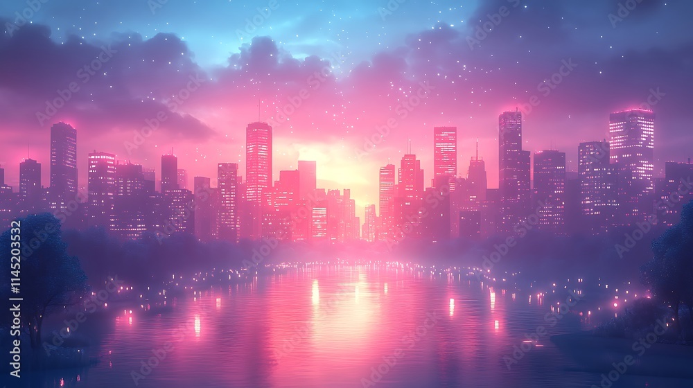 Glowing glitch photo effect with neon light streaks distorting a cityscape skyline Glowing glitch photo effect with neon light streaks distorting a cityscape skyline