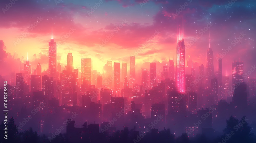 Glowing glitch photo effect with neon light streaks distorting a cityscape skyline Glowing glitch photo effect with neon light streaks distorting a cityscape skyline