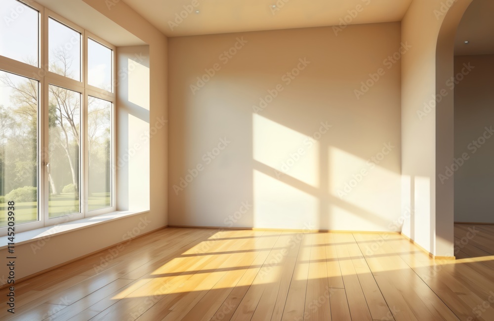 Obraz premium Empty room with view. Sunlight streams through large window. Shadows from window illuminate light-colored wooden floor. Room bright, airy. Exterior view of garden, trees. New house apartment