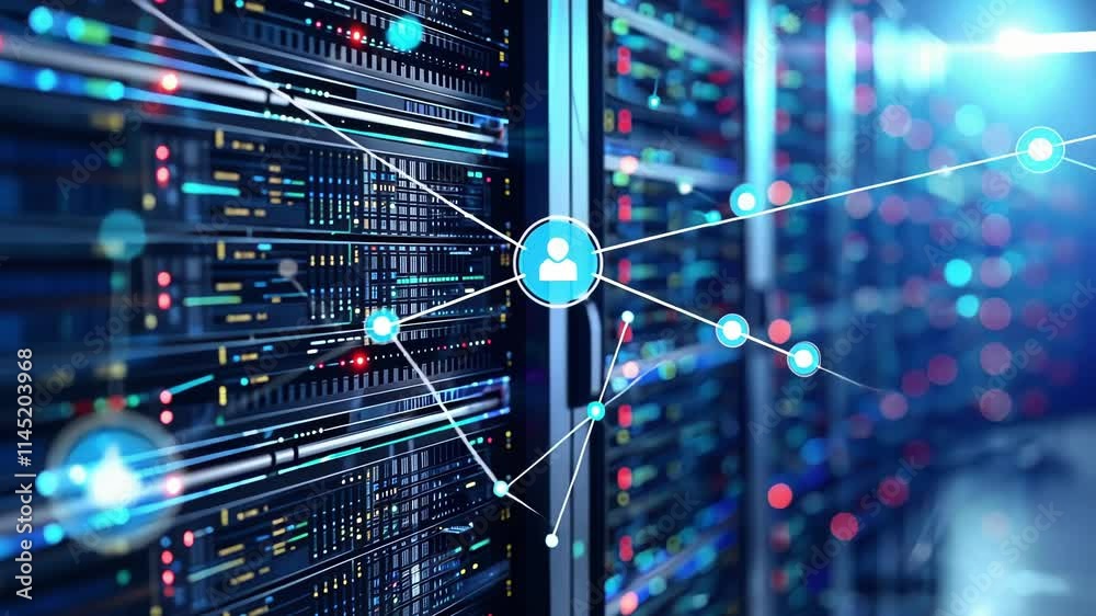 Data center server room showing network connectivity and processing big data with bokeh effect and network connection lines, creating a futuristic technological concept