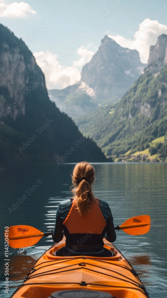 beautiful woman on her back in a kayak on a large lake surrounded by mountains with copy space vertically 9:16 beautiful woman on her back in a kayak on a large lake surrounded by mountains with copy space vertically 9:16