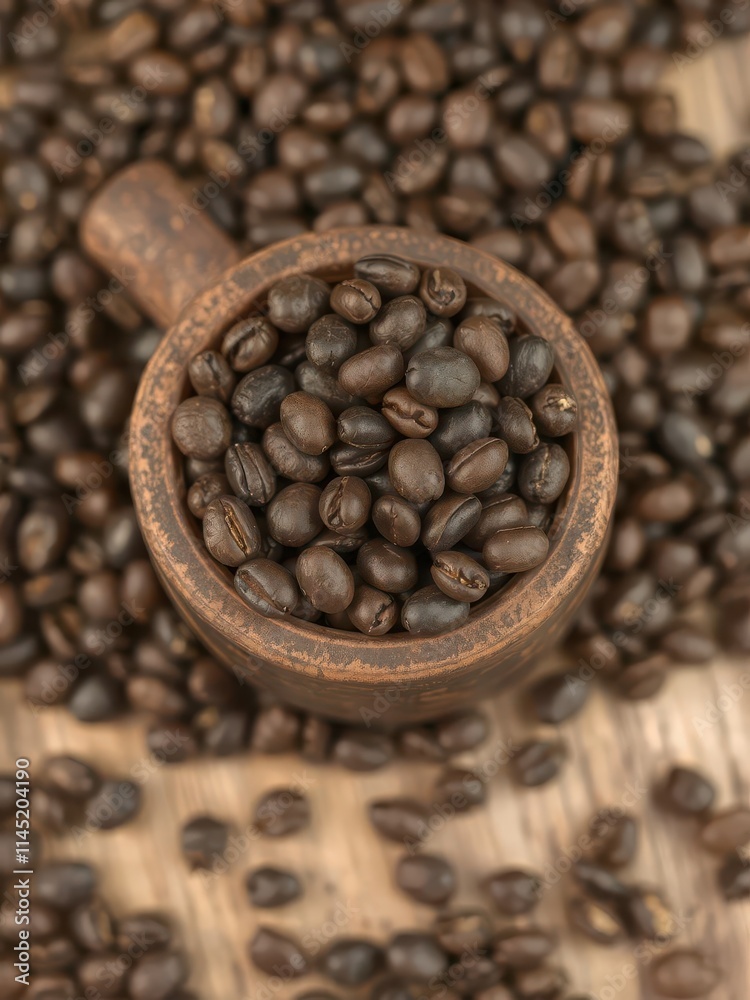 Fototapeta premium Dark roasted coffee beans overflowing from a rustic wooden cup, coffee,coffee beans