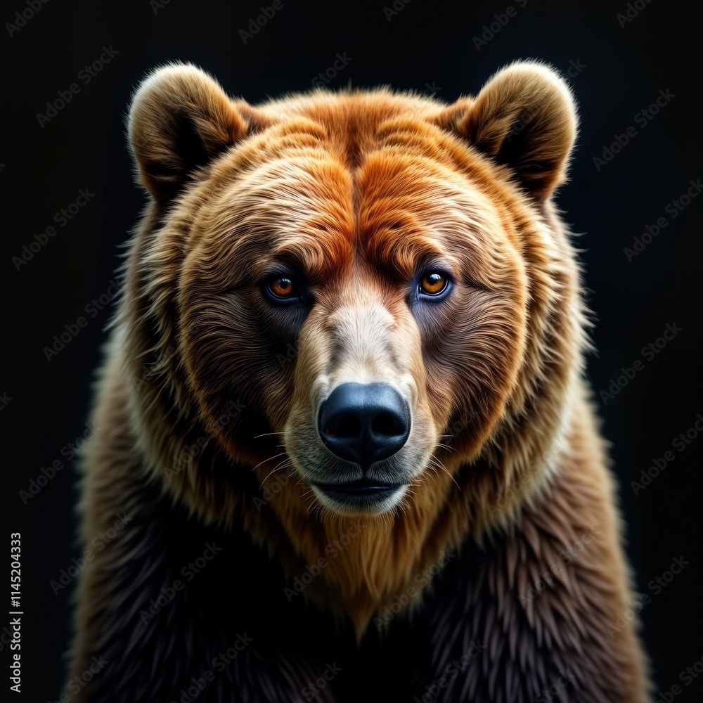 Obraz premium Adult brown bear portrait. Closeup view of powerful Kamchatka bear face on black background. Animal features strong eyes, fur. Wildlife nature photo. Isolated animal shows dangerous predator side.