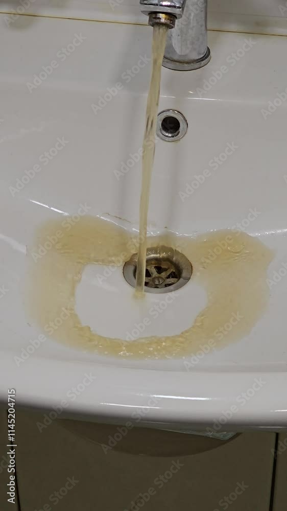 Dirty water flows from the tap into the sink. Contamination of drinking water in the apartment is a problem. Contamination of tap water.
