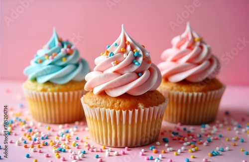 Three cupcakes stand on pink background. Pink, light blue frosting, colorful sprinkles. Look delicious, inviting. Cupcakes suggest celebration bake sale. Sweet treats in party atmosphere.