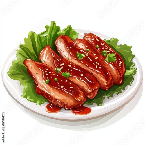 Chinese char siu national cuisine dish isolated on white background, colorful cartoon illustration photo