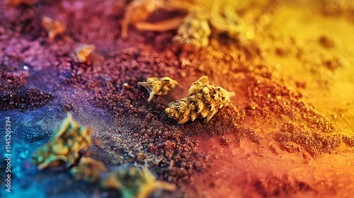 A close-up view of ground cannabis and sticky buds resting on a radiant gradient-colored surface.