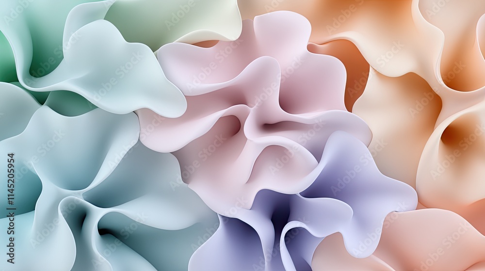 Fototapeta premium Soft edges and smooth shapes create a vibrant composition with flowing lines in light blue, orange, and pink hues, exuding modern elegance