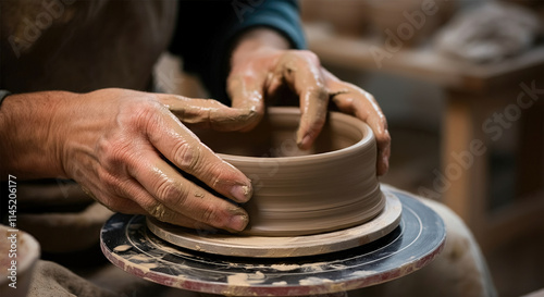 An old man's hand transforms clay into distinctive pottery, underscoring the artistry and intricate craftsmanship. The focus is on sieves and clay photo