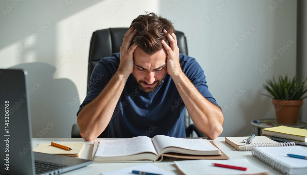 Stressed man studying with books at home office. Stressed man studying with books at home office.