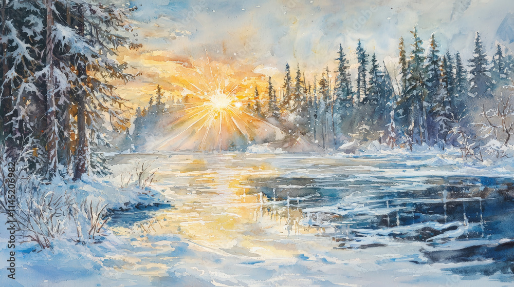 serene winter landscape featuring frozen lake, snow covered trees, and glowing sunrise serene winter landscape featuring frozen lake, snow covered trees, and glowing sunrise