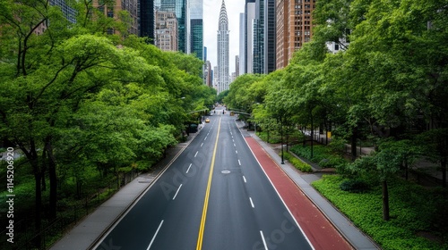 A sleek vehicle navigates a quiet, rain-soaked street surrounded by towering buildings in New York City at dusk. Reflections of skyscrapers create a captivating urban scene